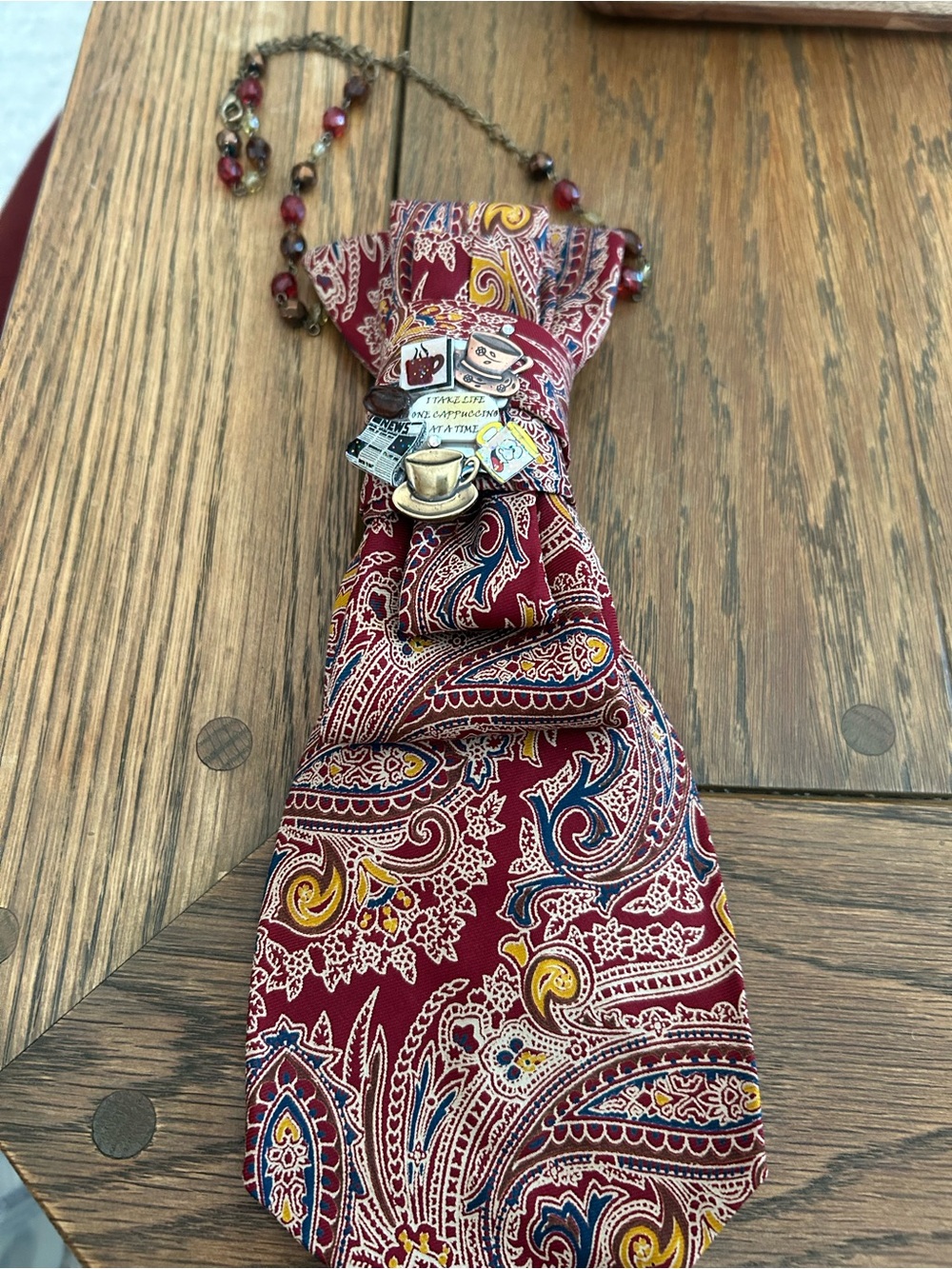 Women's Paisley Bow Tie Necklace in Burgundy